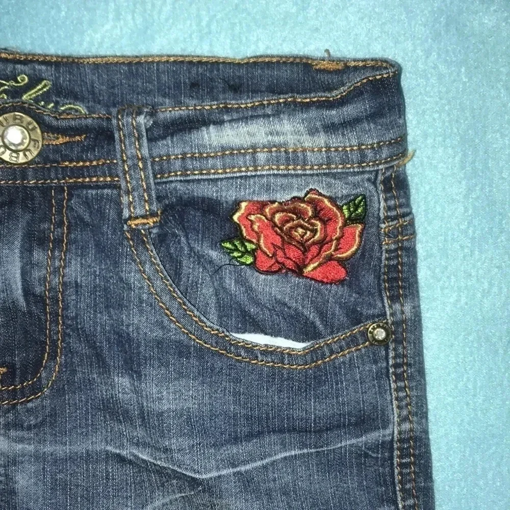 FUBU The Collection distressed bling embroidered jeans boot cut size 10